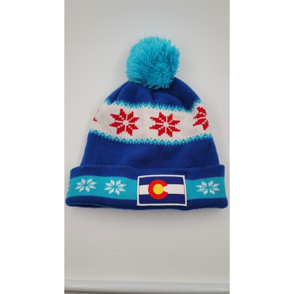Colorado Beanie Hat Blue White Knit Pom‎ Cuffed Winter Ski Snowboard